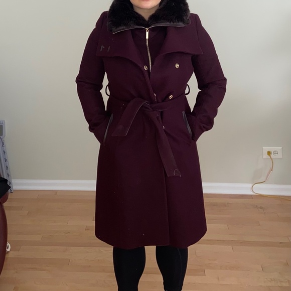 French Connection Wool-Blend Burgundy Coat with Faux Fur - Picture 1 of 6